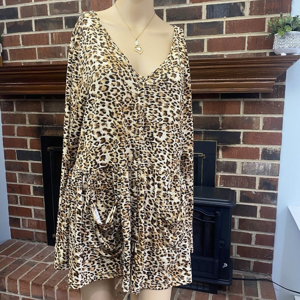 Women's Leopard Print Long Sleeve Dress Brown Size S Buttons Pockets Pre‎ Owned